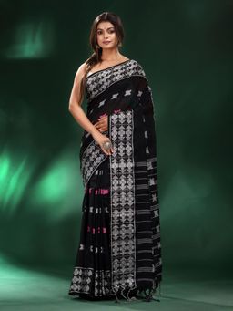 CHARUKRITI - Black Cotton Soft Geometric Motif All Over Saree with Unstitched Blouse