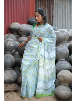 BEGUM BELIYA - Marigold Blue Block Printed Saree with Unstitched Blouse
