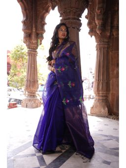 BEGUM BELIYA - Tulip Garden Blue Jamdani Silk Saree with Unstitched Blouse