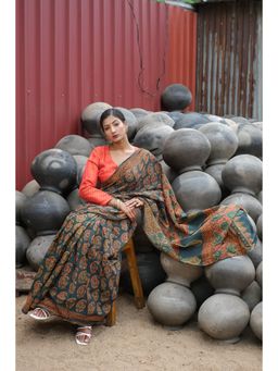 BEGUM BELIYA - Gorgeous Green Ajrakh Hand-Block Print Saree with Unstitched Blouse