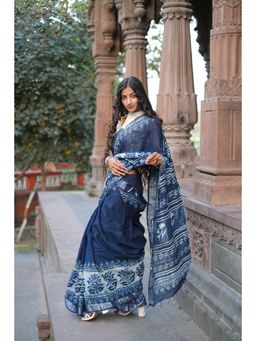 BEGUM BELIYA - Classic Indigo Hand Block Print Lenin Saree with Unstitched Blouse
