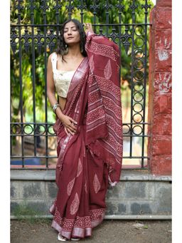 BEGUM BELIYA - Maroon Magic Block Printed Lenin Cotton Saree with Unstitched Blouse