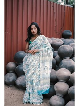 BEGUM BELIYA - Lily White Block Printed Saree with Unstitched Blouse