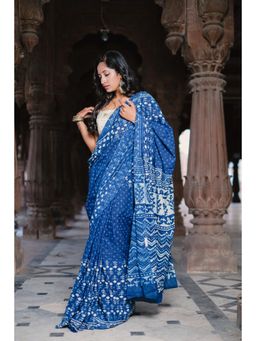 BEGUM BELIYA - Indigo Polka Block Printed Saree with Unstitched Blouse