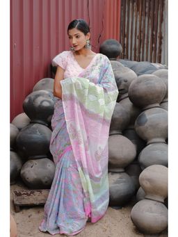 BEGUM BELIYA - Mughal Garden Blue Block-Printed Saree with Unstitched Blouse