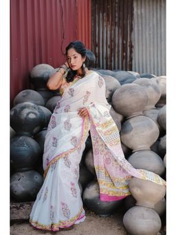 BEGUM BELIYA - Not So Basic White Block Printed Saree with Unstitched Blouse