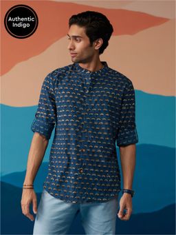 Likha - Indigo Saga Navy Blue Hand Block Printed Full Sleeves Shirt LIKMW01