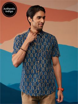 Likha - Indigo Saga Navy Blue Hand Block Printed Half Sleeves Shirt LIKMW07