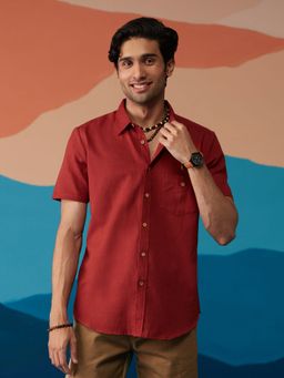 Likha - Indigo Saga Cotton Flex Maroon Solid Half Sleeves Shirt LIKMW12
