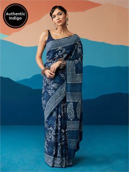 Likha - Indigo Saga Blue Cotton Hand block Print Bagru Saree with Unstitched Blouse