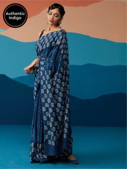 Likha - Indigo Saga Blue Cotton Hand block Print Bagru Saree with Unstitched Blouse