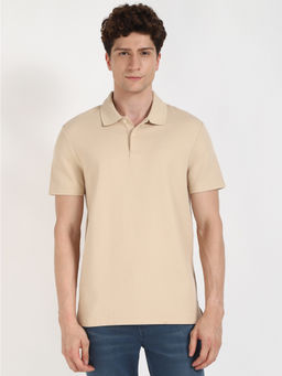 Calvin Klein - Mens Beige Solid Casual Polo T-Shirt
