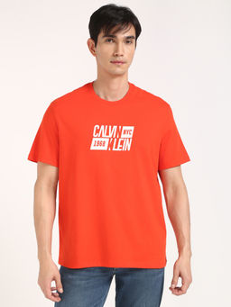 Calvin Klein - Mens Orange Typography Casual T-Shirt