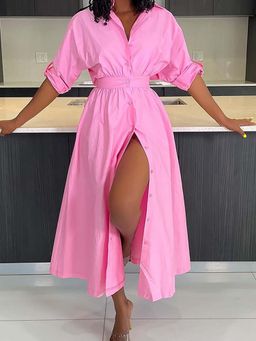 Outzidr - Pink Sinched Waist Shirt Dress