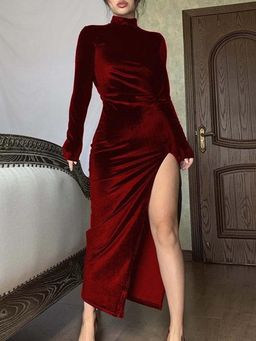 Outzidr - Red Side Slit High Neck Dress