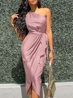 Outzidr - Pink One Shoulder Wrap Dress