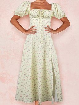 Outzidr - Yellow Square Neck Dress with Front Slit