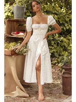 Outzidr - White Square Neck Dress with Front Slit