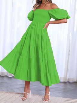 Outzidr - Green Puff Sleeves Dress