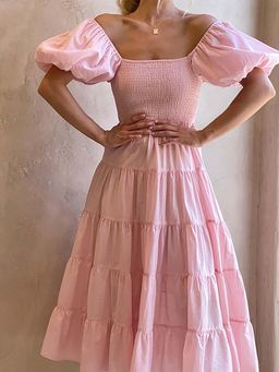 Outzidr - Pink Off Shoulder Tier Dress