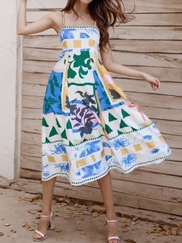 Outzidr - Light Blue Print Fit And Flare Maxi Dress