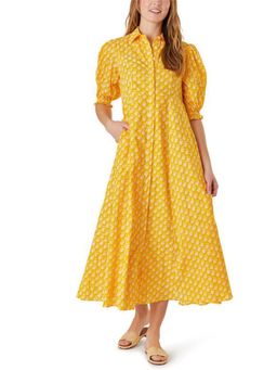 Outzidr - Yellow Fit and Flare Half Sleeves Schiffli Dress