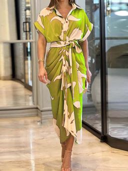 Outzidr - Green Printed Waist Tie Up Straight Fit Dress
