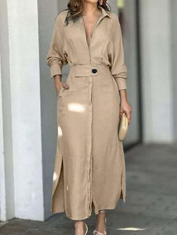 Outzidr - Beige Shirt Dress with Side Slit