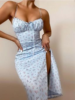 Outzidr - Blue Bust Gathering with High Slit Dress