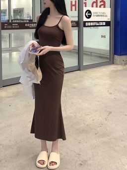 Outzidr - Brown Shoulder Strap Fit Flared Dress