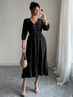 Outzidr - Black Dobby Textured Fit and Flare Tiered Dress