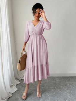 Outzidr - Pink Dobby Textured Fit and Flare Tiered Dress