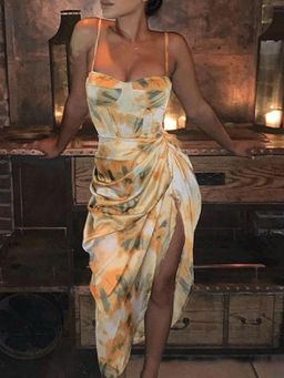 Outzidr - Yellow Shoulder Strap Printed Wrap Hem Dress