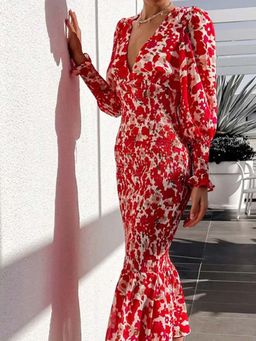 Outzidr - Red Plunge Neck Printed Cinched Waist Dress