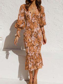 Outzidr - Brown Plunge Neck Floral Cinched Waist Dress