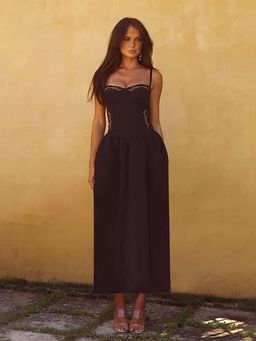 Outzidr - Black Strappy Corset Flared Dress