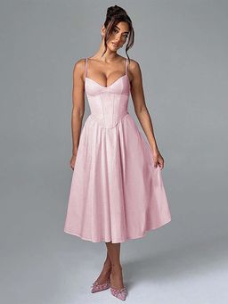 Outzidr - Pink Pointed Waistline Bustier Top Dress