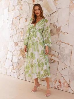 Outzidr - Green Plunge Neck Printed Dress