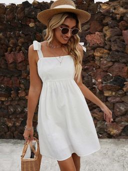 Outzidr - Off White Tie-Up Shoulder Dress