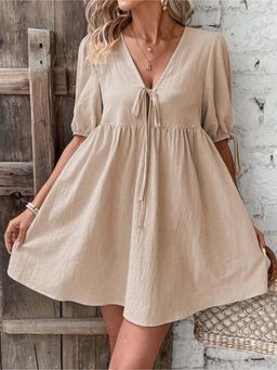 Outzidr - Beige Front Tie Up Dress