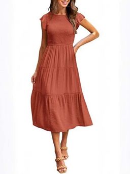 Outzidr - Rust Flutter Sleeved and Tiered Dress