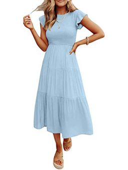 Outzidr - Light Blue Flutter Sleeved and Tiered Dress