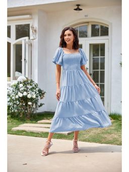 Outzidr - Blue Square Neck Puff Sleeved Tiered Dress