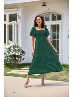 Outzidr - Green Square Neck Puff Sleeved Tiered Dress