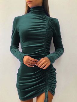 Outzidr - Green Side Ruched High Neck Dress