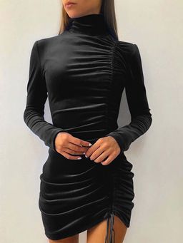Outzidr - Black Side Ruched High Neck Dress