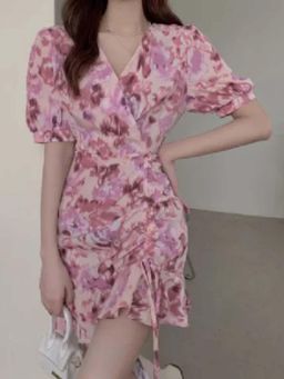 Outzidr - Pink Dress with Ruching Detail