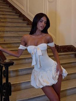 Outzidr - Ivory Off Shoulder Fit And Flare Dress
