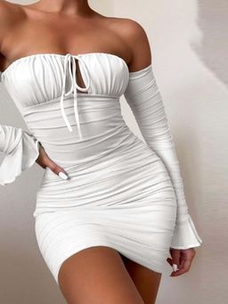 Outzidr - White Strapless Ruched Bodycon Dress with Detachable Sleeves