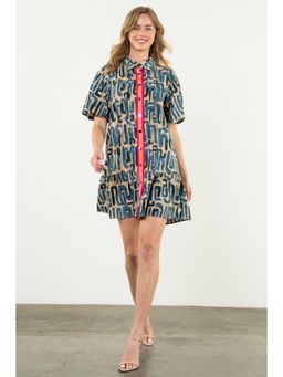 Outzidr - Navy Blue Geo Print Shirt Mini Dress